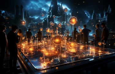 Obraz premium People Gathered Around an AI Fantasy Hologram