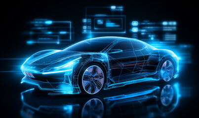 3D rendering of a sports car with blue and white digital interface.