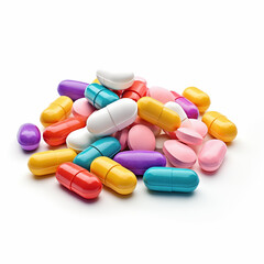 pile of multi-colored pills isolated on white background - Generative AI