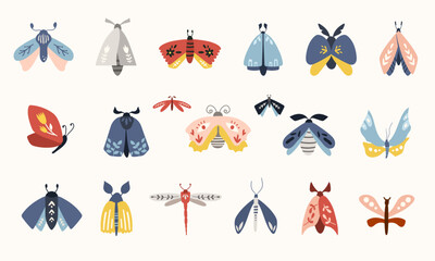 Moth, butterfly in folk style, folkloric Nordic clip arts vector set, hygge cute insects isolated designs on white. Collection of classic ethnic elements. Funny scandi folk motifs © Maria Zamchiy 