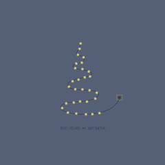 Evergreen is lined with a garland with stars. Merry Christmas and Happy New Year banner. Winter holiday greeting card.