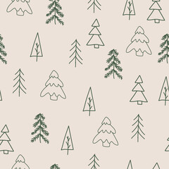 Seamless pattern on a beige background with hand drawn Christmas trees in a Scandinavian simple style. Illustration with doodle icons