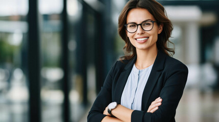 Young beautiful business woman smiling happy with confident smile standing at office.