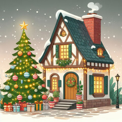 Fototapeta premium Christmas tree in front of a small European style house, generative ai