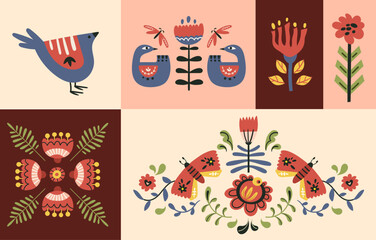 Folk bird, flower, butterfly clip arts and pre-made compositions, vector set in Scandinavian or Nordic style, hygge naive illustrations kit. Collection of classic ethnic motifs
