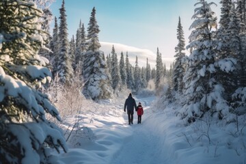 Fototapeta na wymiar man and child walks in the winter forest in nature.view from the back