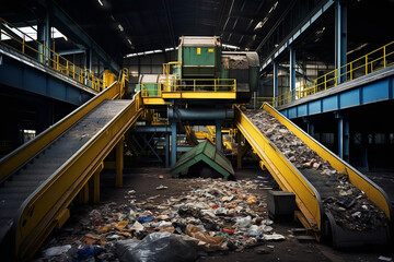 A waste transfer station with a conveyor belt, where waste is sorted for recycling or landfill