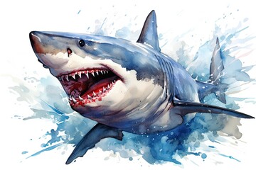 Naklejka premium watercolor Shark Hungry shark illustration with splash watercolor textured background