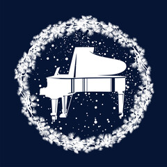 winter season frame made of pine tree branches and grand piano under falling snow vector design