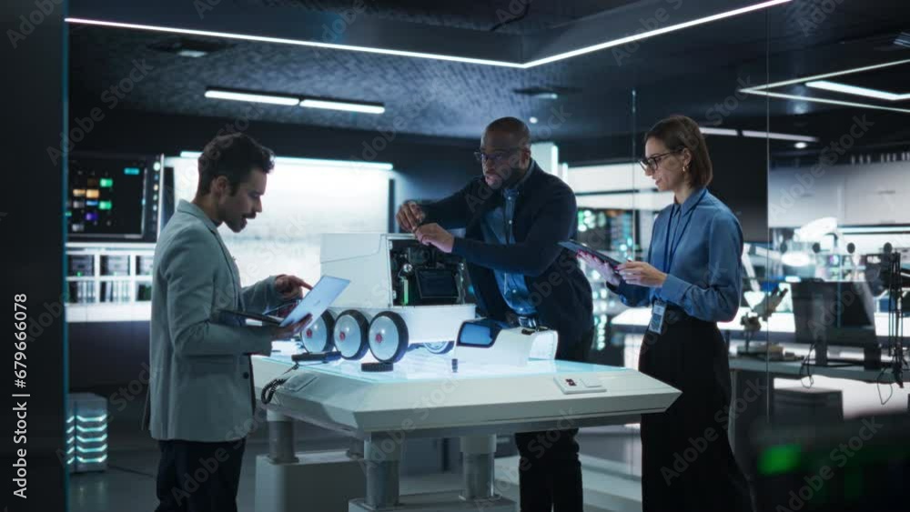 Poster Diverse Team of Industrial Specialists Working on Remotely Controlled Mobility Robot in a Research Facility. Engineers Testing and Fixing Detection Cameras While Using Tablet and Laptop