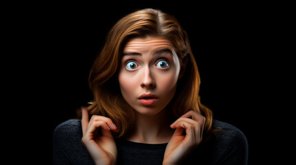 Shocked woman portrait on isolated black background - ai generative