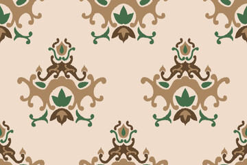 Ikat Floral Pattern Seamless Green Brown Soft Dark. Paisley Aztec Embroidery Ethnic Oriental Pattern Traditional. Ikat Design For Carpet, Texture, Clothing, Fabric, Sarong, Saree, Decoration
