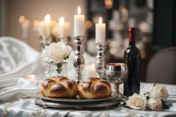 Shabbat Evening with candles, challah braided breads, kiddush cup and wine.