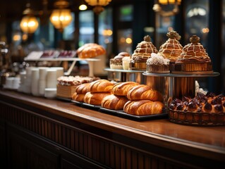 a counter with a variety of pastries and coffee cups