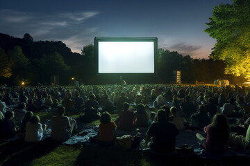 people watching movie in spectators at open cinema summer night