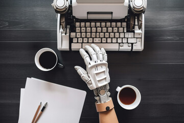 photo topdown flat lay of robot hand using typewriter on table, concept of AI automation copywriting - obrazy, fototapety, plakaty