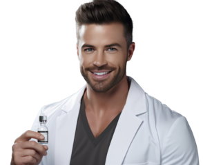 A Portrait of a cheerful handsome doctor showing and advertising a new vaccine product on a gray background.