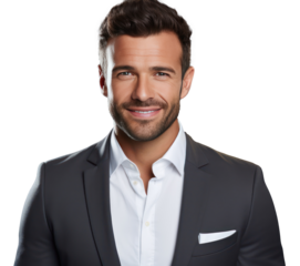 A Portrait of cheerful handsome businessman showing and advertising new product on gray background isolated background.