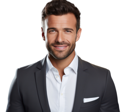 A Portrait of cheerful handsome businessman showing and advertising new product on gray background isolated background.