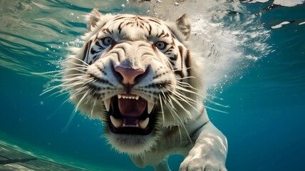 Close up photography of a white Bengal tiger with angry face, roaring and swimming under the water. Predator cat is surrounded by water bubbles. - obrazy, fototapety, plakaty