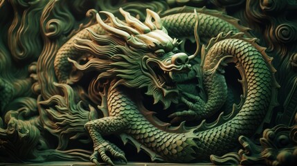 A Powerful green carved wooden dragon terrifying Chinese wood carving art Chinese New Year 2024 concept New Year greeting card background. - obrazy, fototapety, plakaty