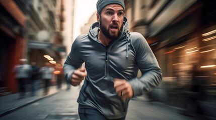 Close up photography focused on adult men sprinting through the city street, wearing gray jogging sweater. Surrounding and background with motion blur effect