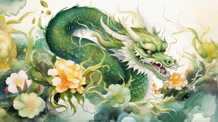 A Watercolor painting for Happy Chinese New Year Powerful green dragon Scary and awe-inspiring. Chinese Watercolor painting art. Chinese New Year concept. New Year greeting card background. - obrazy, fototapety, plakaty