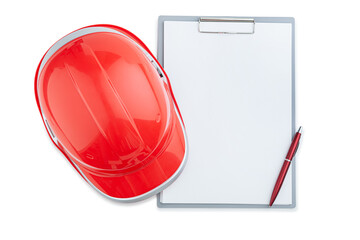 Red Construction Helmet On Clipboard And Ballpoint Pen Isolated.