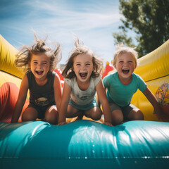 Bouncing into Bliss: Cheerful Kids on the Inflatable Adventure