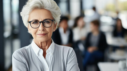 Portrait of mature female business woman in office. - obrazy, fototapety, plakaty