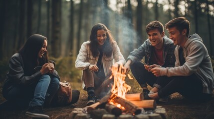 A diverse group of Asian youths having fun, laughing and bonding around a campfire. Collect friendships and fun during camping adventures in misty forests and lakes. - obrazy, fototapety, plakaty