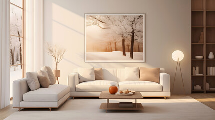 Minimalistic and elegant design of a modern living room with wide white sofas, pillows and wooden table in the middle. Beautiful framed painting hanging on the wall