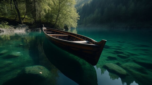 Wooden boat sits still in clear water beautiful image Ai generated art