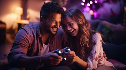 a guy and a girl, a couple, play a console together with gamepads in their hands. cozy atmosphere of fun, laughing
