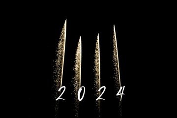 Happy new year 2024 yellow fireworks rockets new years eve. Luxury firework event sky show turn of the year celebration. Holidays season party time. Premium entertainment nightlife background - Powered by Adobe