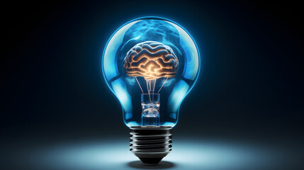 Concept of idea made with blue light bulb and shiny brain