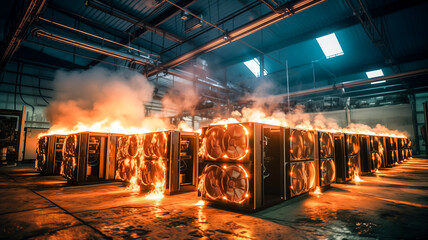 Burning Bitcoin farm in room. Mining cryptocurrency burn and data center supercomputer technology in fire. - obrazy, fototapety, plakaty