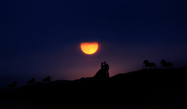 Silhouette of a couple under the moonlight