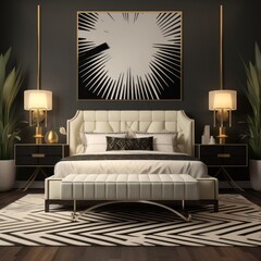Elegant bedroom featuring a bold black-and-white art piece above the bed, complemented with gold-hued lighting