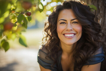 Vibrant 40 year old woman posing beside a tree in a garden.