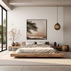 A sleek bedroom exudes calm with polished wooden elements and a captivating art piece inviting reflection