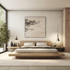 Contemporary bedroom design featuring minimalistic style with wooden bed frame and artistic wall piece
