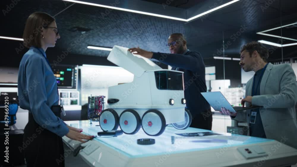 Poster Industrial Robotics Specialists Working on a Mobile Robot, Using a Laptop. Black African Engineer Discussing an Automated AI Robotic Delivery Assistant with His Creative Team, Testing the Compartment