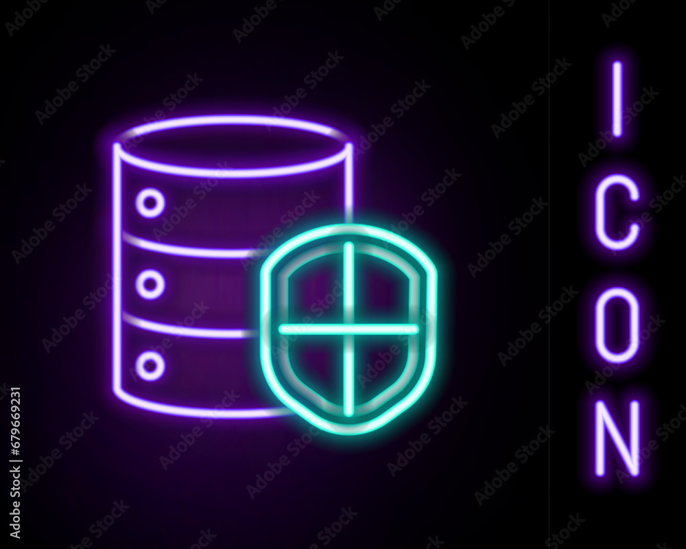 Poster glowing neon line server with shield icon isolated on black background. protection against attacks. 