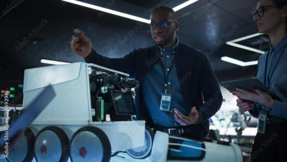 Poster Portrait of a Group of Diverse Engineers Developing a Remotely Controlled Mobility Robot in an Industrial Research Facility. Specialists Working on Machine Improvement, Brainstorming