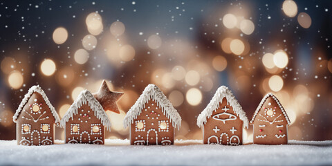 Banner Xmas card with Holiday mood. Gingerbread house cookie of holiday of Christmas and Happy new year on blur background bokeh lights