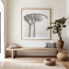 Contemporary hallway with a bench and framed tree art piece, decorated with wooden items and plants
