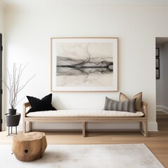 Contemporary living space with neutral tones featuring a wooden bench and dramatic abstract wall art
