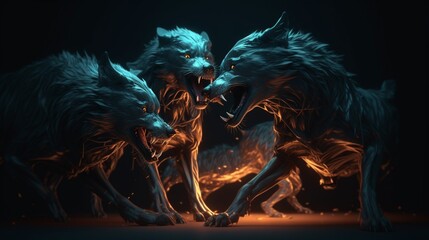 Wolves fighting their teeth howling angry dark background photography image AI generated art