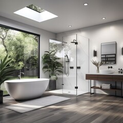 A tastefully designed bathroom boasting a free-standing tub and glass shower beside a garden view